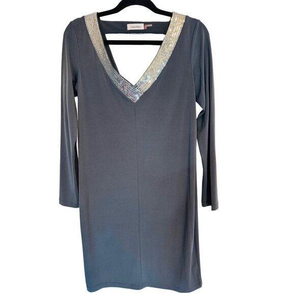 Calvin Klein Dresses & Skirts - Calvin Klein Size 6 Grey Draped Dress With Sequined Neckline